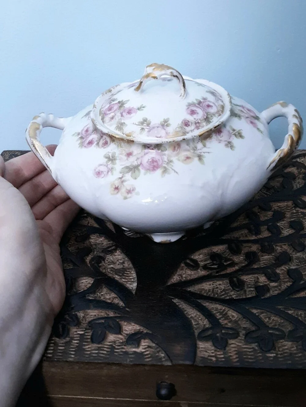 Ca 1900 GDA Charles Field Limoges Sugar Bowl Rose Spray Pink White Gold Floral